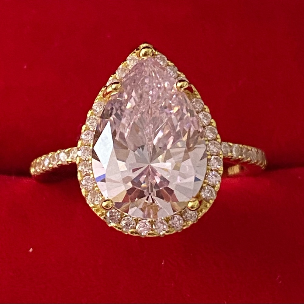 14k yellow gold over 925 Pink Crystal Pear Shaped Ring 7